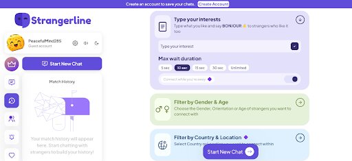 StrangerLine dashboard showing interests filter and chat options